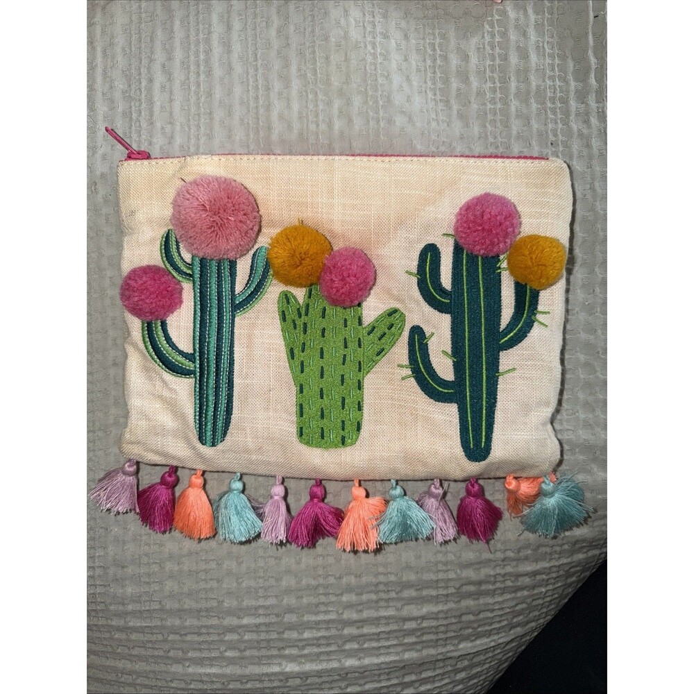Express Decorative Cactus Pom-Pom Zipper Pouch Linen Blend